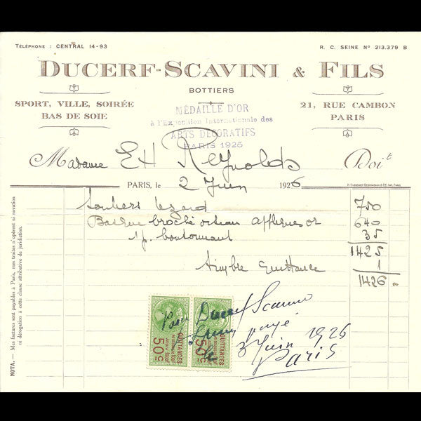 Facture de la maison Ducerf-Scavini, bottier 21 rue Cambon à Paris (1926)