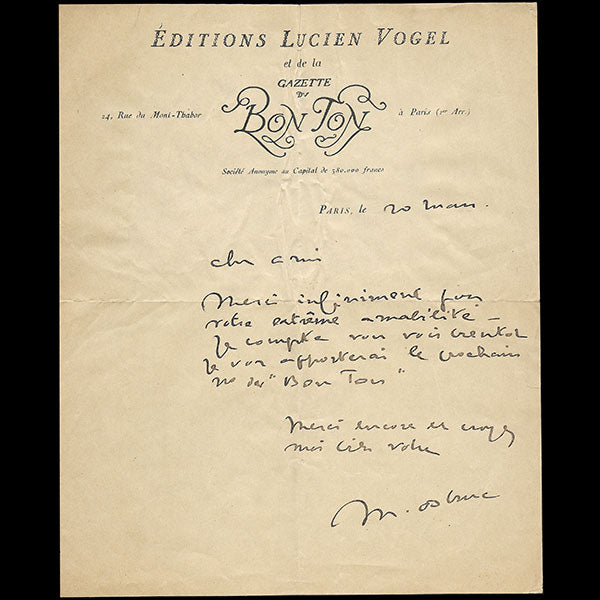 Gazette du Bon Ton, lettre de Marcel Astruc (circa 1920)