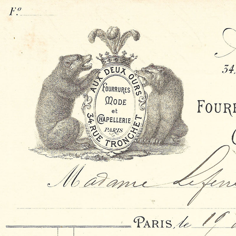 Aux Deux Ours -  Facture de la maison de fourrures, mode et chapellerie, 34 rue Tronchet à Paris (1902)