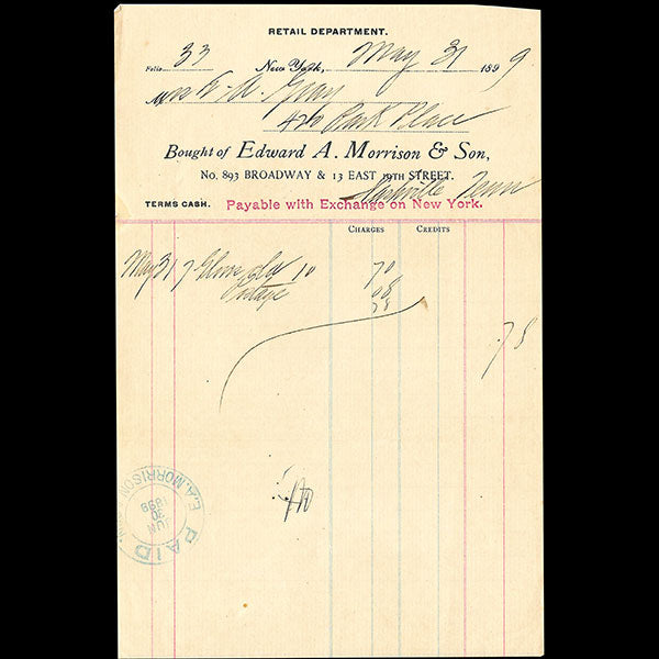 Edward A. Morrison - Facture de Edward A. Morrison, 893 Broadway 13 East 19th Street à New York (1899)