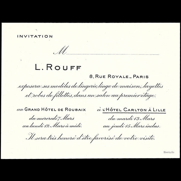 L. Rouff - invitation de la maison de couture, 8 rue Royale à Paris (1928)