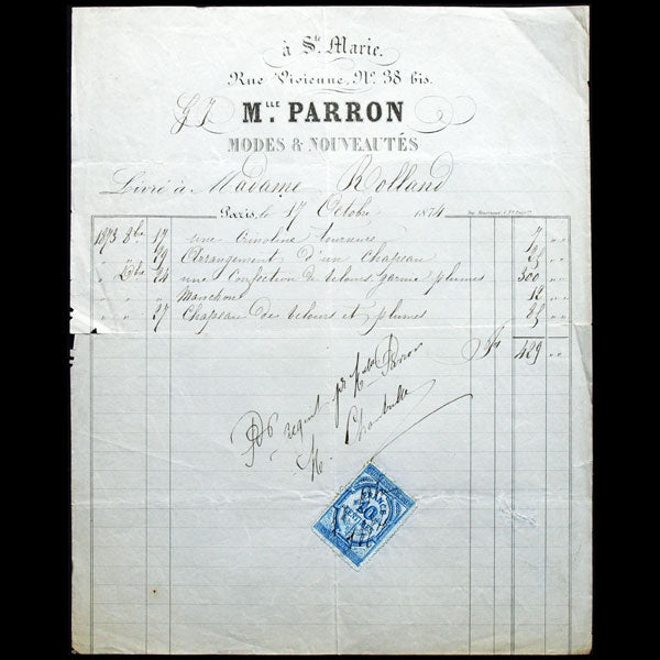 Facture de Mlle Parron & cie, modes & nouveautés, A Sainte-Marie, 38 bis rue Vivienne à Paris (1874)