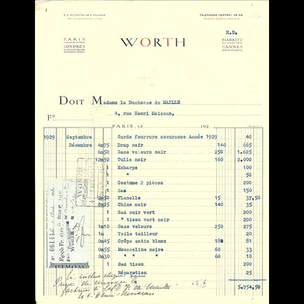 Facture de la maison Worth, 7 rue de la Paix, Paris (1929)