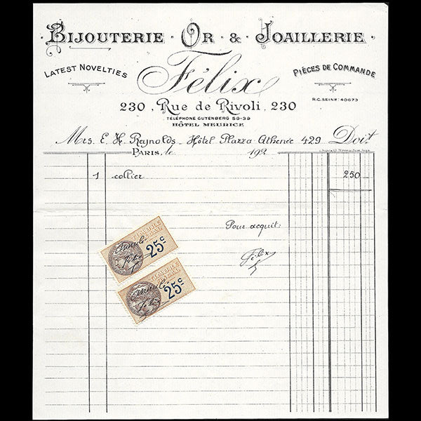 Félix - Facture de la bijouterie joaillerie, 230 rue de Rivoli à Paris (circa 1925)