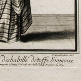 Fille de qualité en déshabillé d'étoffe siamoise, gravure d'Arnoult  (1688)