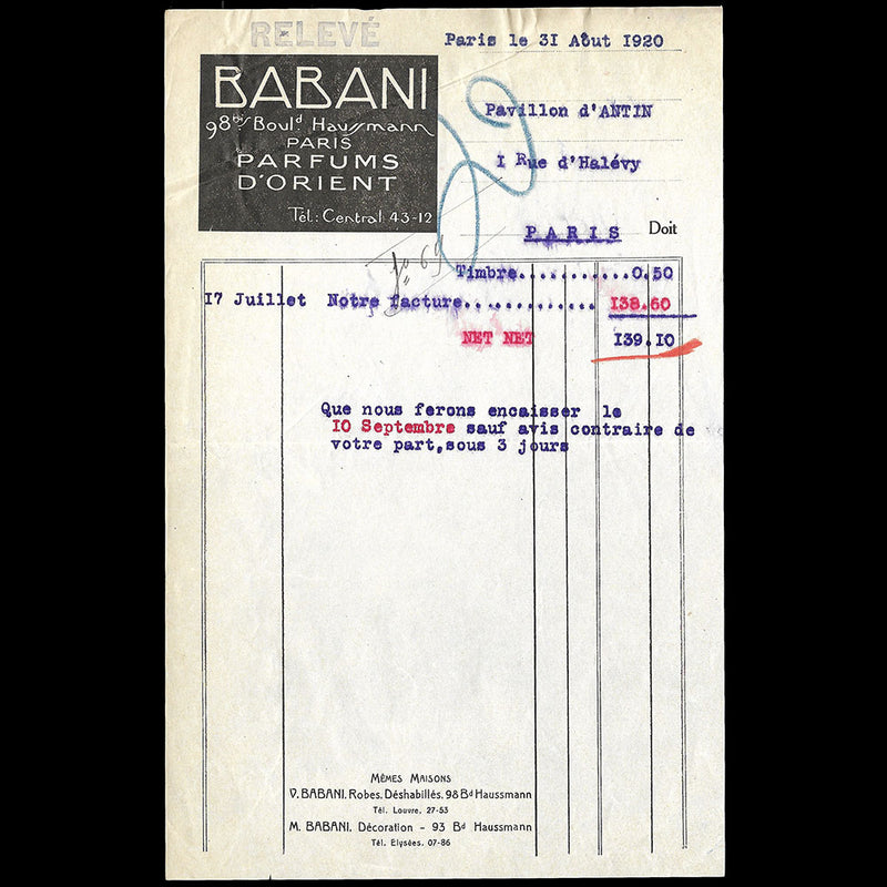 Babani - Facture de la maison Babani, 98 bis boulevard Haussmann à Paris (1920)