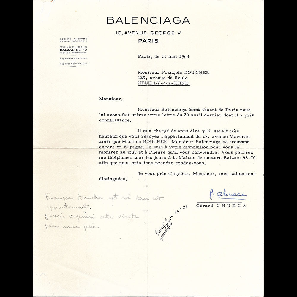 Balenciaga - Lettre à François Boucher (1964)