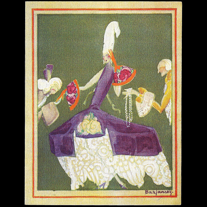 Mademoiselle Caroline - Carte de la marchande de frivolités, 3 avenue Victor Hugo à Paris illustrée par Barjansky (circa 1920s)