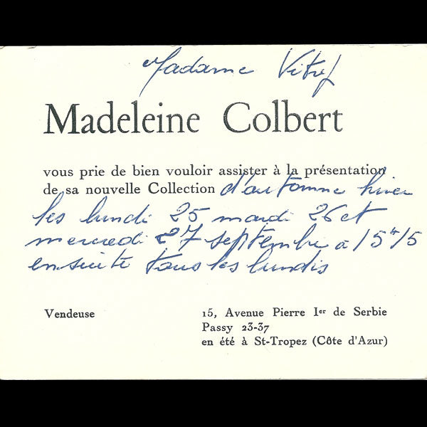 Carton d'invitation de la maison Madeleine Colbert, 15 avenue Pierre Ier de Serbie à Paris (1939)