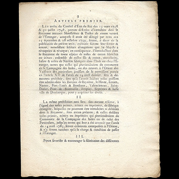 Arrêt du Conseil d'Etat sur l'interdiction des toiles de coton et des mousselines provenant de l'étranger (1785)