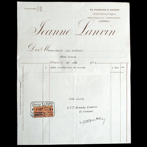 Facture de la maison Jeanne Lanvin, 22 faubourg Saint-Honoré (1921)