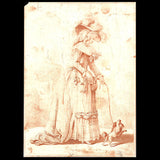 Elégante promenant son chien, gravure de mode de la suite Etude pour les Demoiselles d'après Jean-Baptiste Huet (1783)