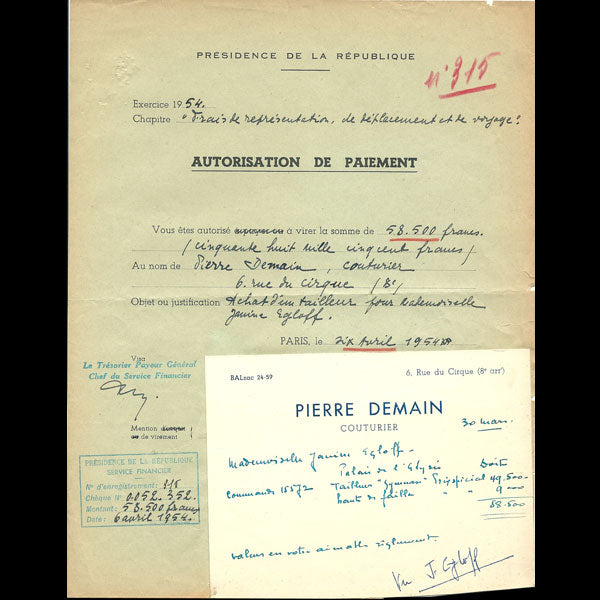 Attestation de paiement de la présidence de la république adressée au couturier Pierre Demain (1954)