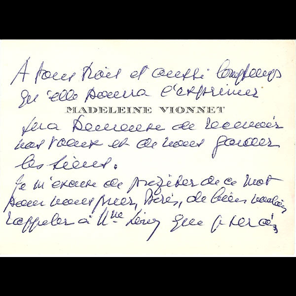 Vionnet - Carte autographe signée par la couturière (1956)