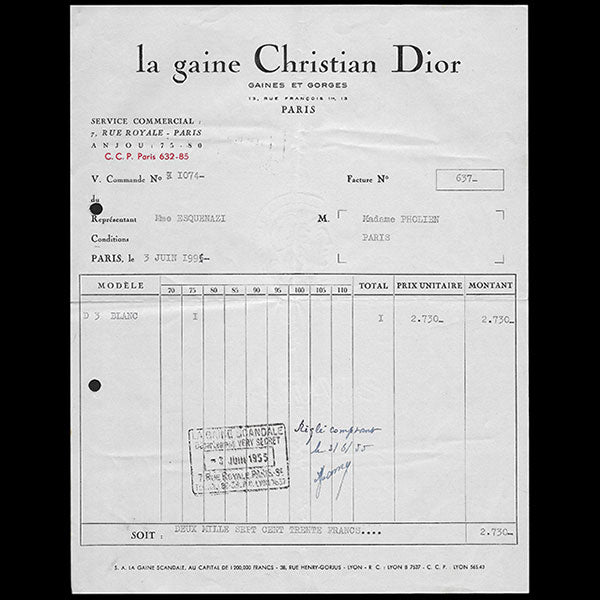 Christian Dior - Facture de La gaine Christian Dior (1955)