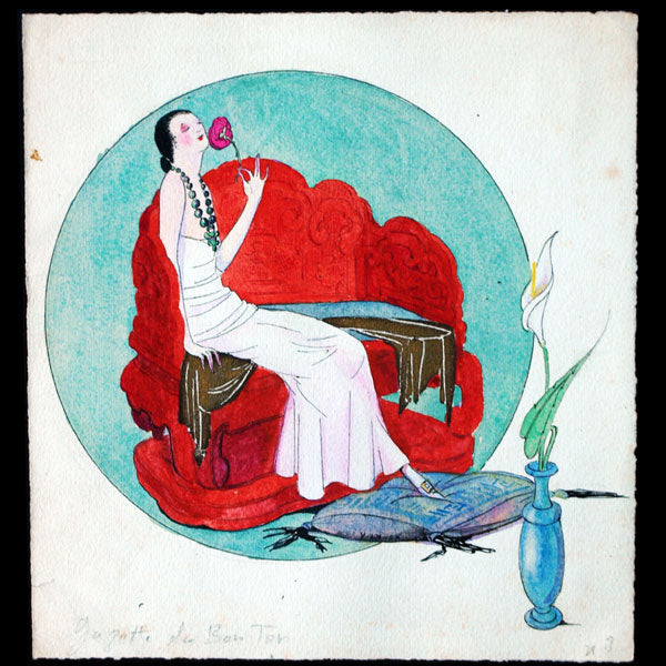 Elégante à la rose, aquarelle de Victor Lhuer (circa 1914)