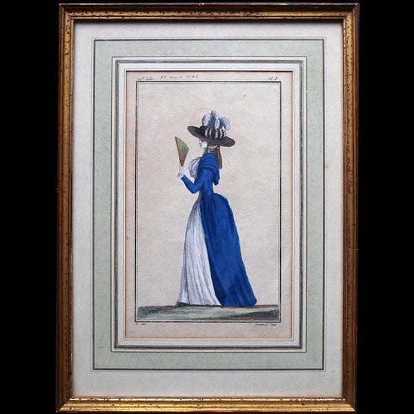 Cabinet des Modes, planche 1, 19ème cahier - Dame en redingote bleue (15 août 1786)