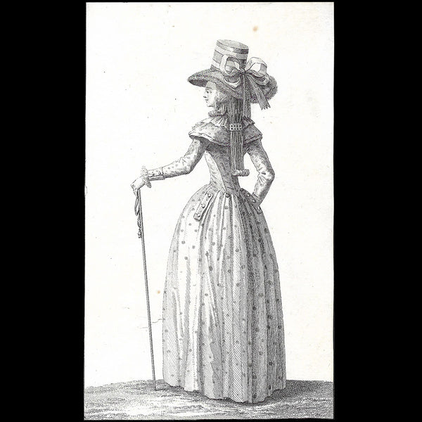 Cabinet des modes, planche 2, 24ème cahier - Femme en redingote en drap vert (1er novembre 1786)