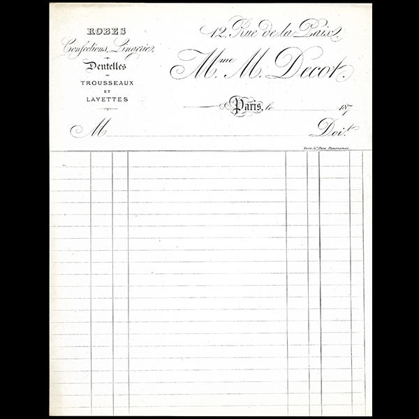 M. Decot - Facture de la maison de couture, 12 rue de la Paix à Paris (circa 1870)