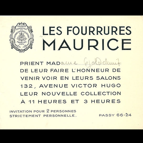 Carton d'invitation du fourreur Maurice, 132 avenue Victor Hugo à Paris (circa 1935)