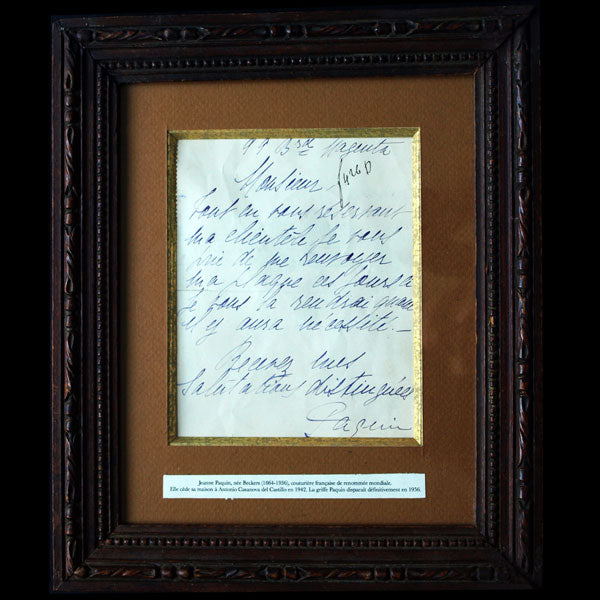 Lettre autographe signée par Jeanne Paquin (circa 1920)