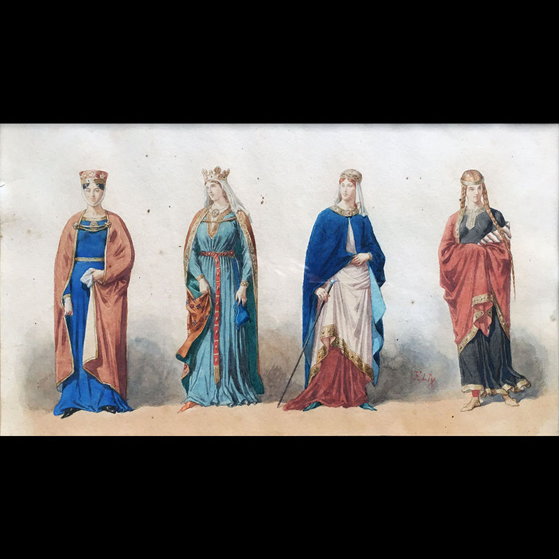 Frédéric Lix - Costumes des Capétiennes et Carlovingiennes, dessin pour Histoire de la Mode en France de Challamel (1875)