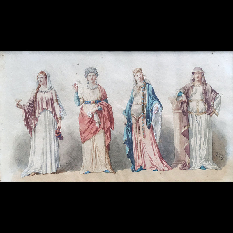 Frédéric Lix - Costumes de Gauloise, de Gallo-Romaine, Mérovingienne et Carlovingienne, dessin pour Histoire de la Mode en France de Challamel (1875)