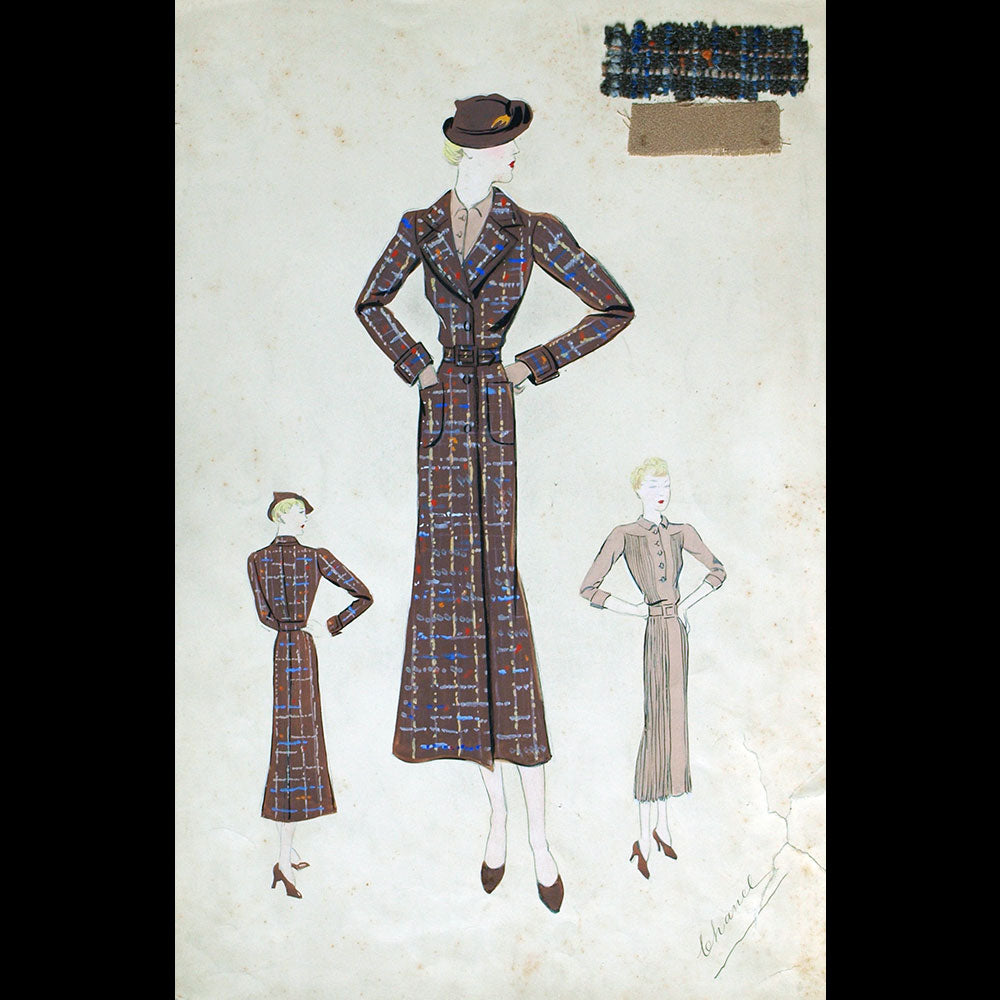 Chanel - Dessin d'une robe de soie et d'un manteau de sport (circa 1935)