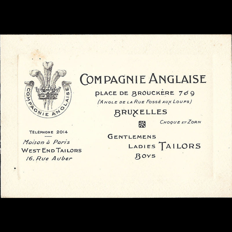 Compagnie Anglaise - Carte du tailleur, Place de Brouckère à Bruxelles (circa 1910s)
