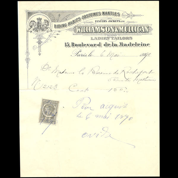 Facture de Williamson & Mulligan, 15 boulevard de la Madeleine à Paris (1890)