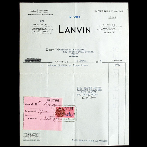 Facture de la maison Lanvin Sport, Paris (1938)