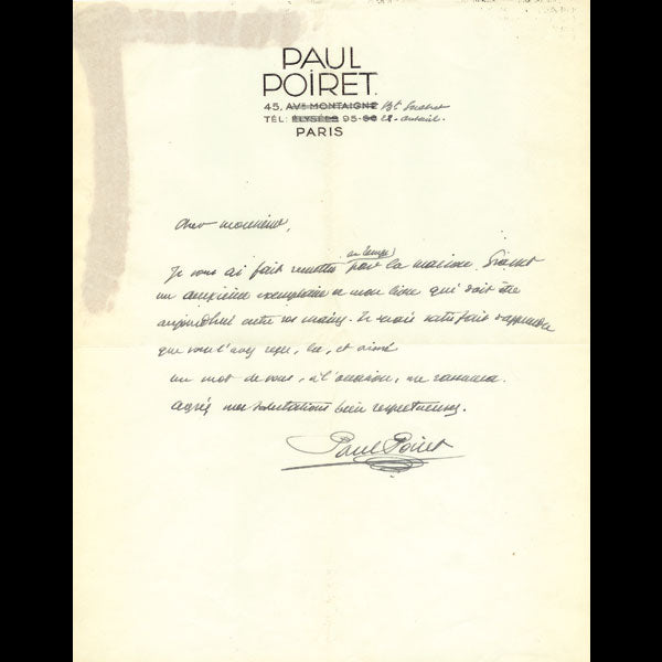 Poiret - Cher Monsieur, lettre de Paul Poiret (circa 1930)