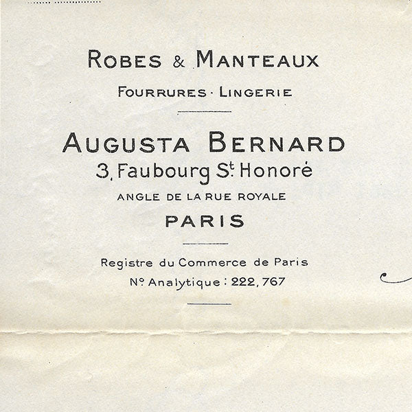 AugustaBernard - Facture de la maison de couture, 3 Faubourg Saint-Honoré à Paris (1928)