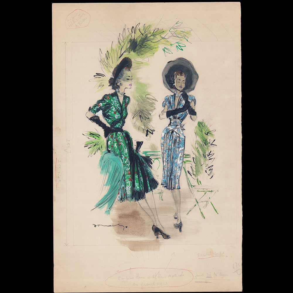 Jacques Demachy - Robes de Jeanne Lanvin et Robert Piguet, dessin pour la Femme Chic (1946)