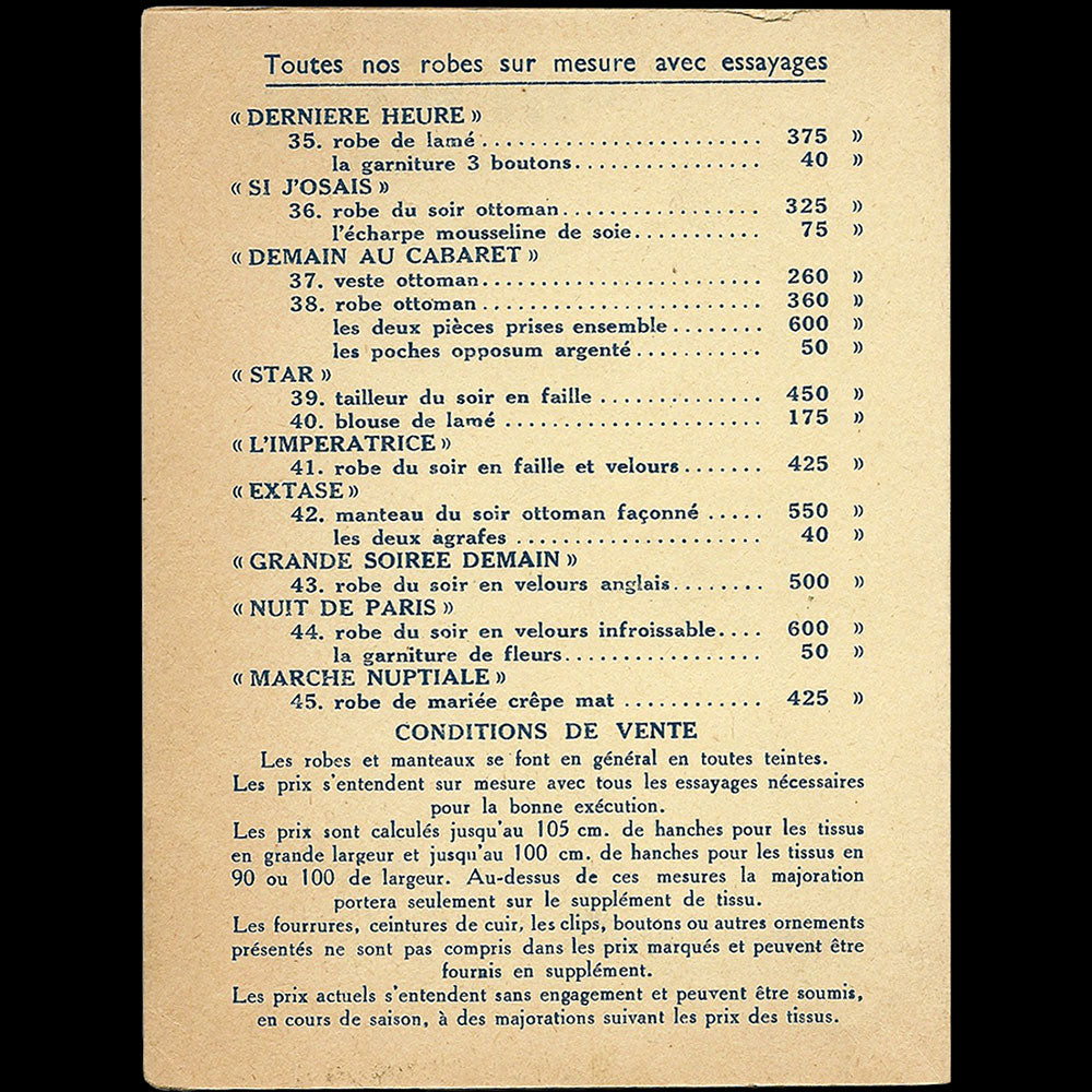 Demain Couture - Programme de défilé de la maison, 16 rue Havely à Paris, automne-hiver 1936