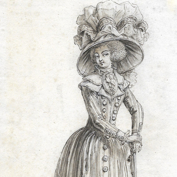 Gallerie des Modes et Costumes Français - La jeune Zuma en Redingote, dessin de Claude Desrais (1787)