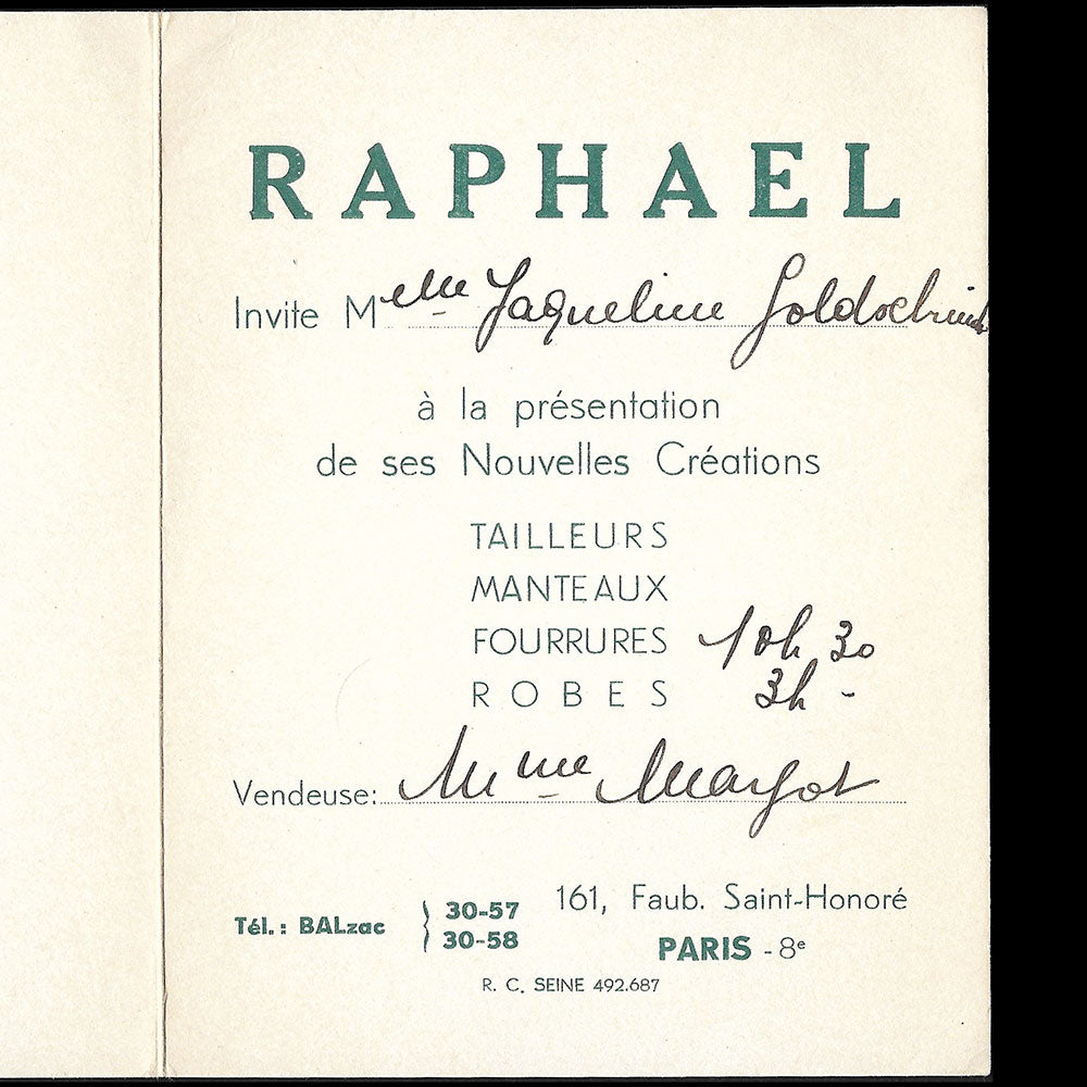 Raphael - Invitation à un défilé de la maison de couture (circa 1935-1939)