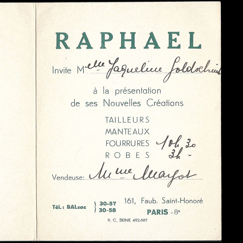 Raphael - Invitation à un défilé de la maison de couture (circa 1935-1939)