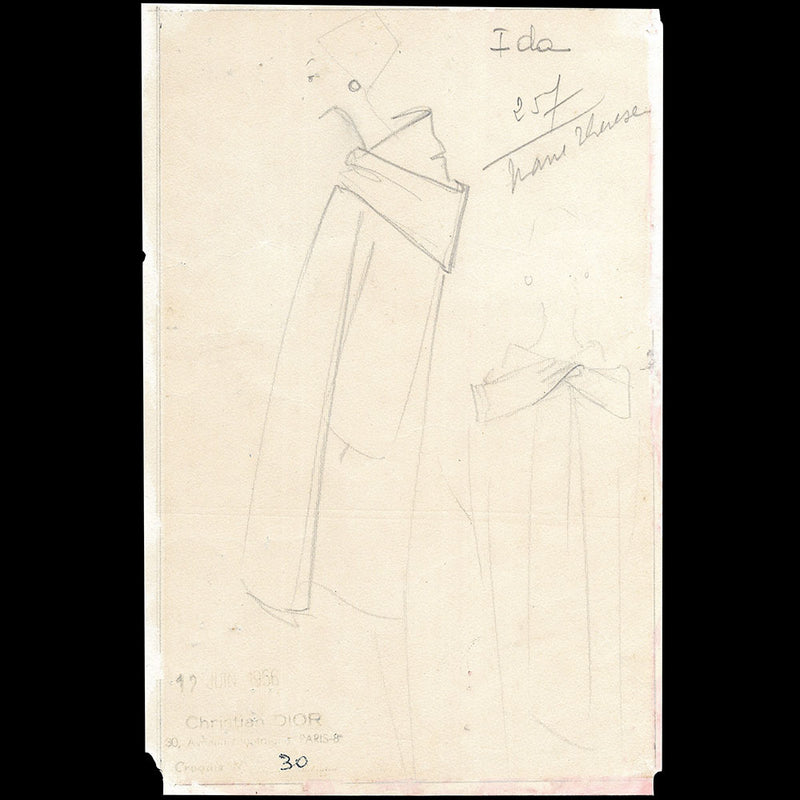 Christian Dior - Dessin d'un manteau par Yves Saint Laurent (1956)