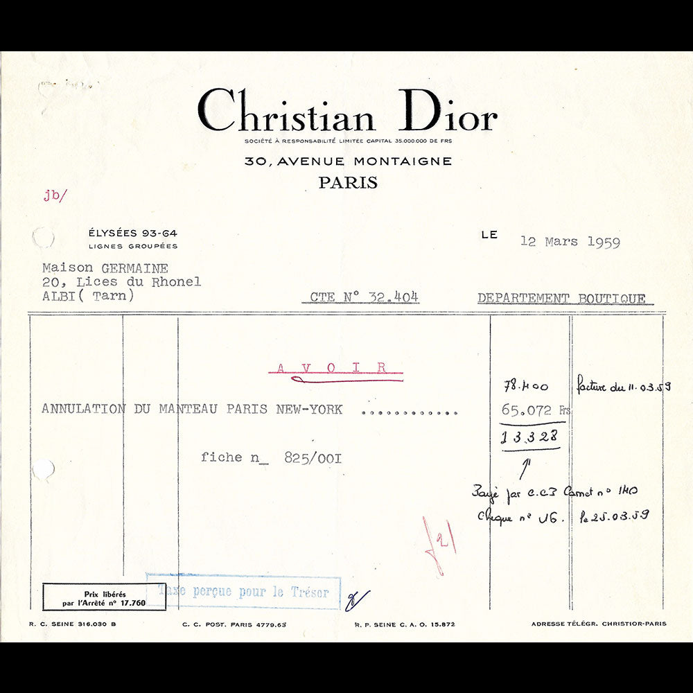 Christian Dior - Facture d'un manteau Paris-New York (1959)