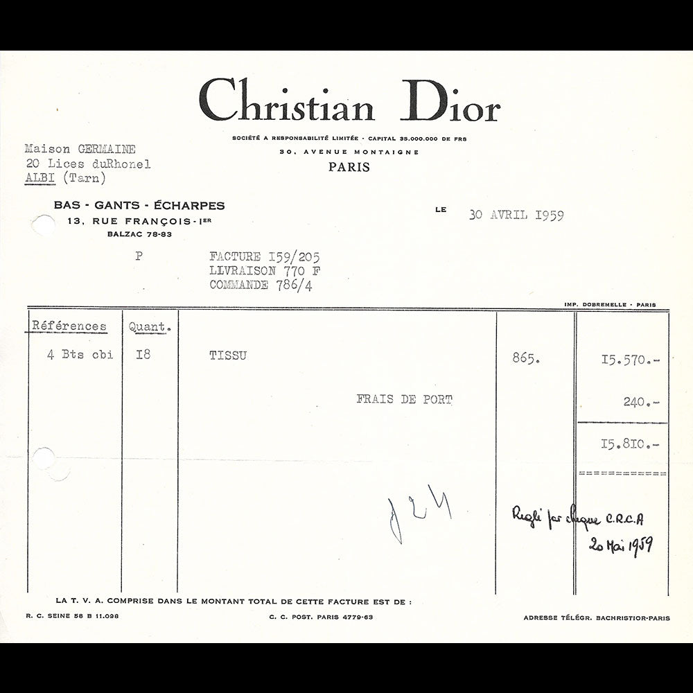 Christian Dior - Facture d'achat de tissu (1959)