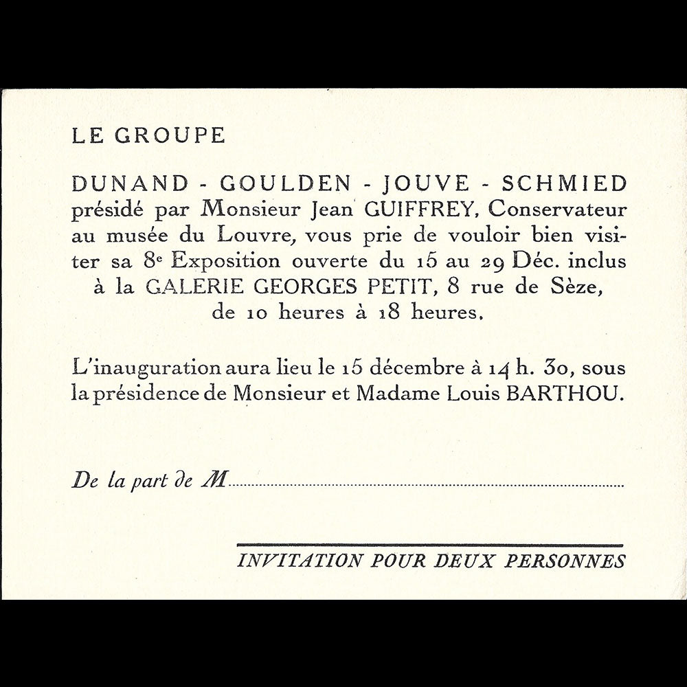 Dunand, Goulden, Jouve, Schmied - Carte d'invitation à l'exposition à la Galerie Georges Petit à Paris (1928)