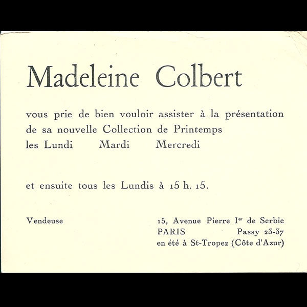 Carton d'invitation de la maison Madeleine Colbert, 15 avenue Pierre Ier de Serbie à Paris (circa 1935)