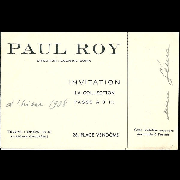 Carton d'invitation de la maison Paul Roy, 26 place Vendôme à Paris (1938)