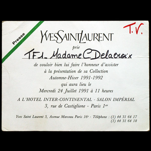 Carton d'invitation au défilé Yves Saint-Laurent du 24 juillet 1991, collection Automne-Hiver 1991-1992