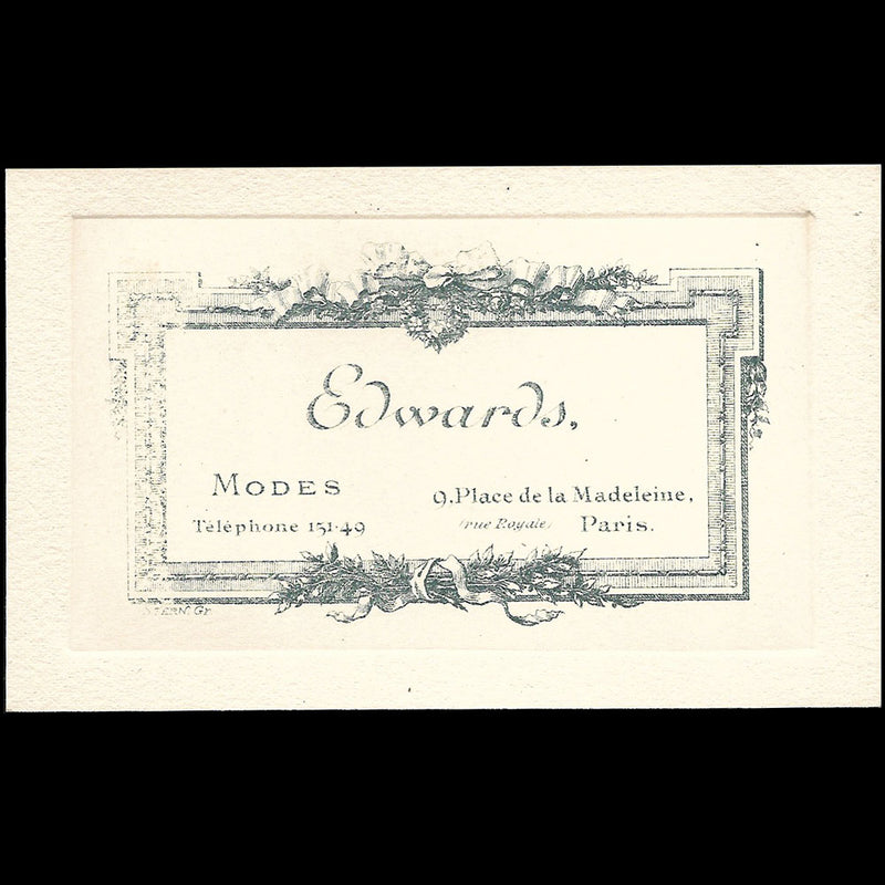 Edwards - Carte de la maison de modes, 9 place de la Madeleine à Paris (circa 1910)