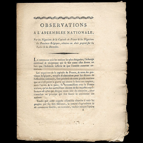 Observations des négociants de France et de Belgique sur les droits sur les toiles et les dentelles (1790)