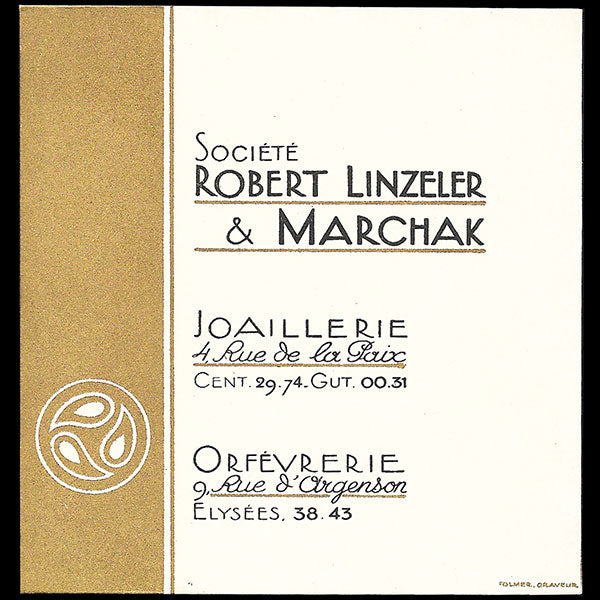 Robert Linzeler & Marchak - Carte de la maison de joaillerie et d'orfèvrerie 4 rue de la Paix (circa 1925)