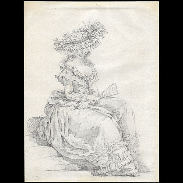 Gallerie des Modes - Dessin de Watteau pour la planche eee 309 du 49ème cahier, La belle rêveuse assise (1786)
