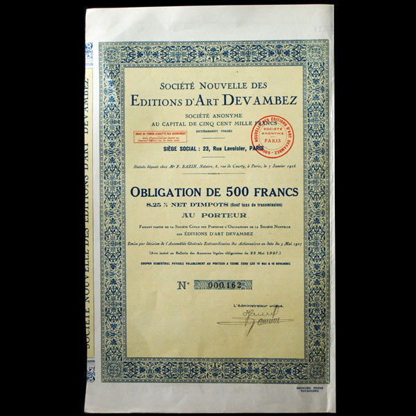 Obligation de la société nouvelle des Editions d'Art Devambez (1927)